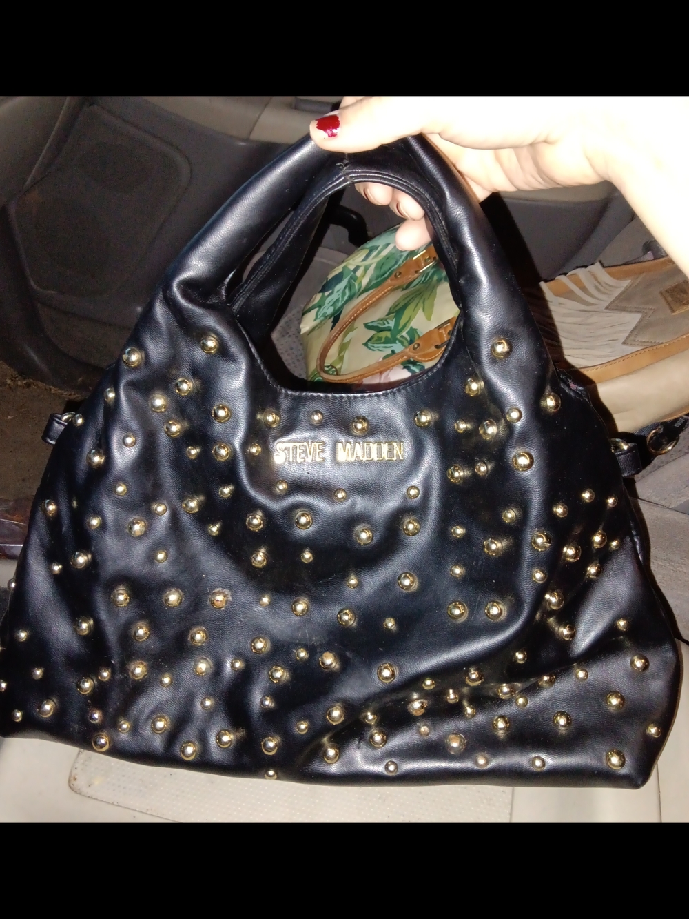 Steve Madden Black Studded Hobo Shoulder Bag with Gold Accents